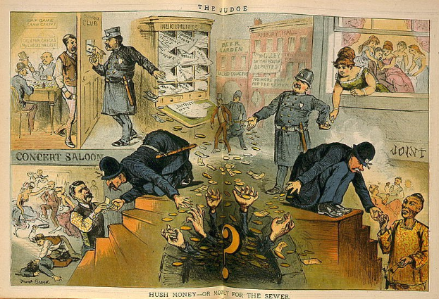 Cartoon-Courtroom-Szene mit einem Richter in Anzug und Hut, der einen Stock und ein Buch hält, umgeben von stehenden und sitzenden Menschen, mit verstreuten Papieren, die "Schweigegeld oder Geld für die Kanalisation" beschriftet sind.