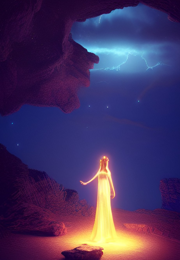Eine Frau in einem gelben Kleid steht in der Mitte einer Höhle umgeben von Felsen, beleuchtet von hellem Licht, mit einem sternenklaren Himmel und einem Gewitter im Hintergrund.
