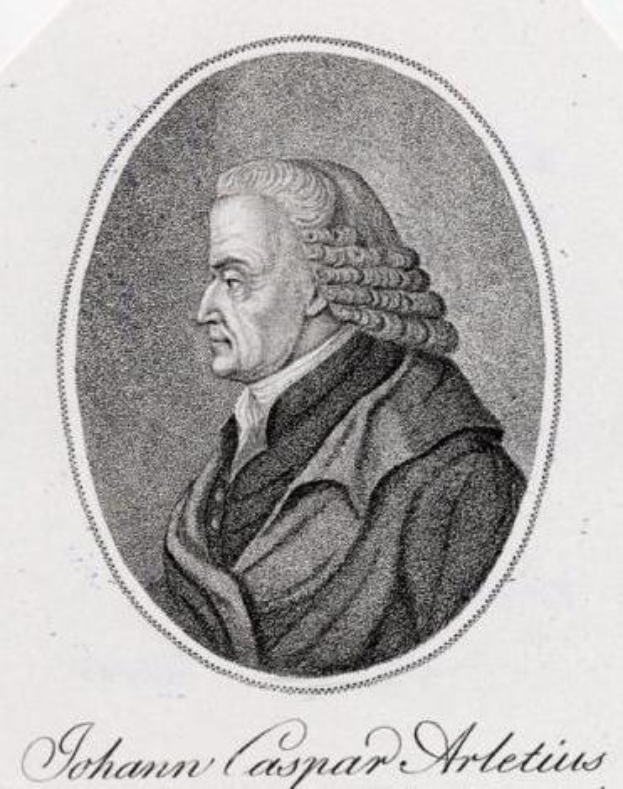 Schwarzes und weißes Porträt von Johann Caspar Arletius, einem deutschen Komponisten, der einen Mantel trägt.