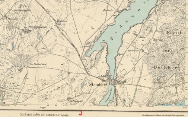 Ausführliche alte Karte von Stendsitz, Deutschland, zeigt Straßen, Gebäude, Sehenswürdigkeiten und einen Fluss mit Text zu Bevölkerung, Dichte und Lageinformationen.