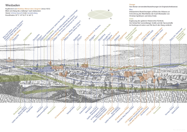 Karte von Wiesbaden, Deutschland, mit historischem Text-Overlay, farbcodierte Bezirke und beschriftete Sehenswürdigkeiten.