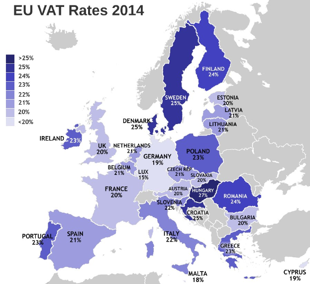 Eine Karte von Europa, die die EU-VAT-Sätze von 2014 mit Prozentangaben und Text anzeigt.