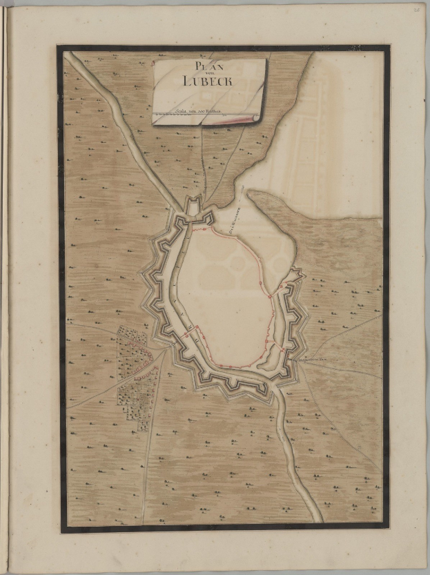 Eine detaillierte Karte der Stadt Lübeck auf dem Cover eines alten Buches, die Straßen, Gebäude und Sehenswürdigkeiten zeigt, begleitet von Texten über die Bevölkerung, Geschichte und Kultur der Stadt.