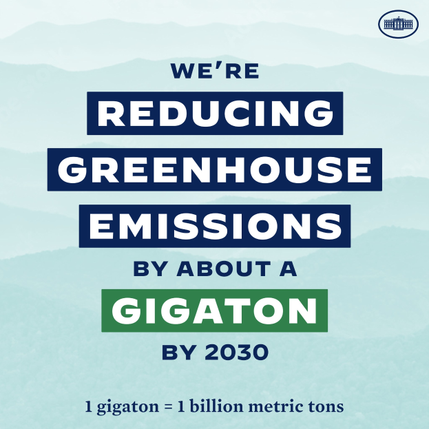 Ein Plakat mit Text und einem Logo, auf dem steht: "Wir reduzieren die Treibhausgasemissionen um etwa eine Gigatonne bis 2030."