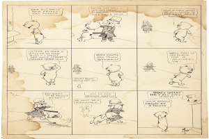 Eine Comicseite mit einem Mann und einer Frau im Gespräch, wobei der Mann gestikuliert, als ob er etwas erklärt, gezeichnet auf einem Papier mit spaßigem Text.