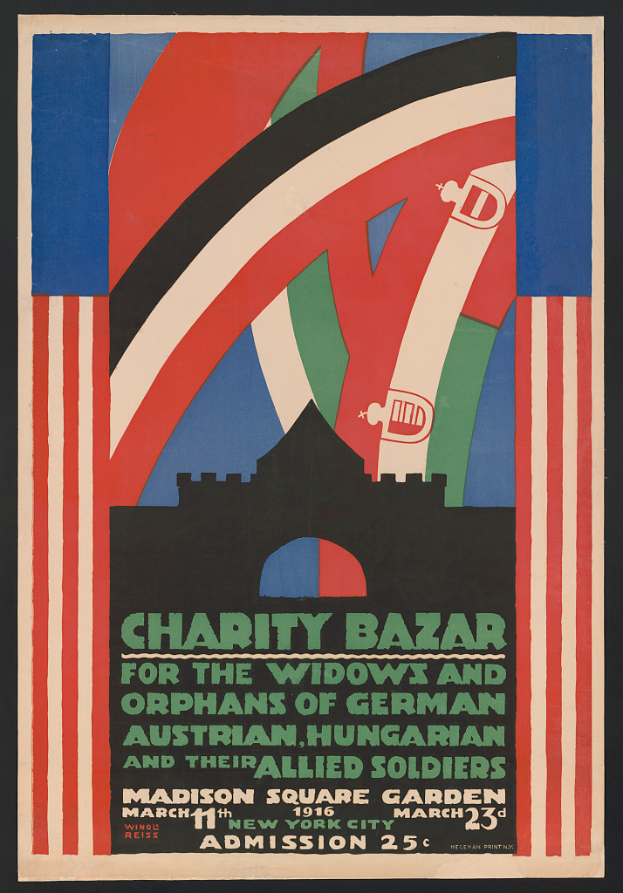 Ein Plakat für einen Wohltätigkeitsbasar, der die Witwen und Waisen von Soldaten verschiedener Nationen unterstützt, mit Text zu den Ereignissen.