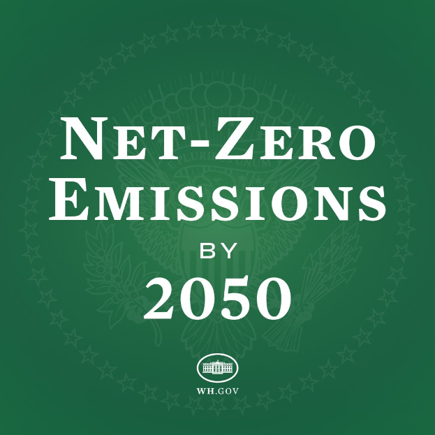 Weißer fetter Text auf einem grünen Hintergrund liest "net-zero-emissions by 2050."