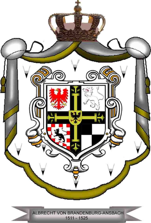 Wappen von Brandenburg-Ansbach mit gekröntem Schild, einem steigenden Löwen links, einem Balken rechts und der Schrift "Brandenburg" darunter.