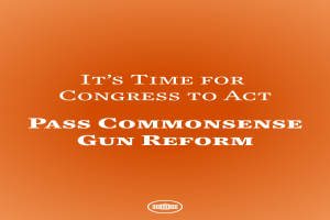 Ein Plakat mit fetter schwarzer Schrift auf einem orangen Hintergrund, auf dem steht: "Es ist an der Zeit, dass der Kongress handelt und vernünftige Waffengesetzreformen verabschiedet."