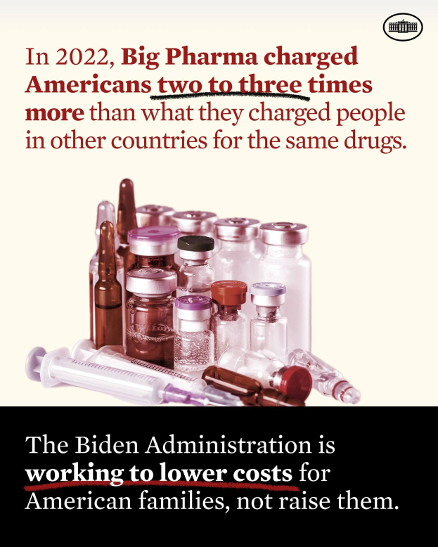 Ein Plakat, auf dem steht, dass Big Pharma 2022 Amerikanern zwei bis drei Mal so viel für dieselben Medikamente berechnet hat wie in anderen Ländern, mit Bildern von Medikamentenflaschen und einer Spritze darunter.