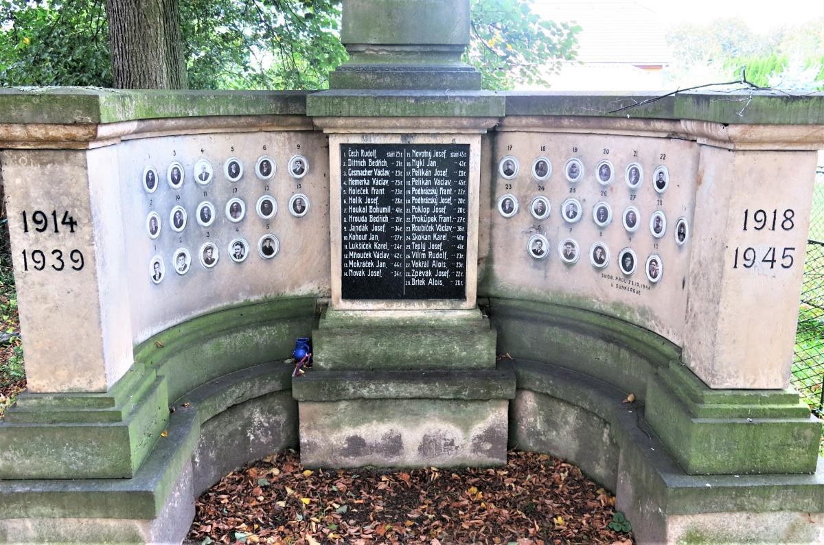 Ein Holocaust-Gedenkdenkmal in einem jüdischen Friedhof in Berlin, mit einer Tafel mit Text und Zahlen, umgeben von Bäumen, einem Zaun und verstreuten trockenen Blättern.