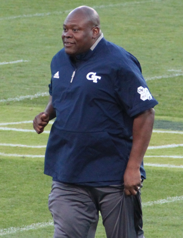 Ein strahlender Fußballtrainer in einem blauen Hemd und grauen Hosen steht selbstbewusst auf einem grünen Feld.