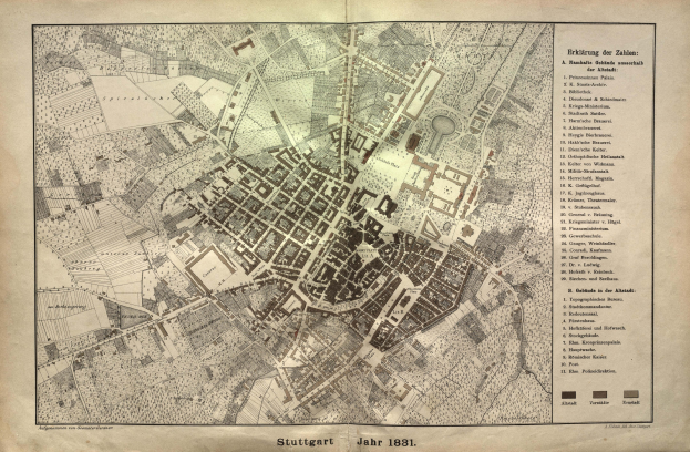 Ein detailliertes Stadtplan von Stuttgart, Deutschland, mit Text zur Übersicht des Gebiets.