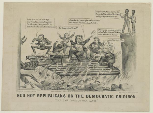 Eine politische Karikatur, die rote Figuren auf einem blauen Gridiron zeigt, mit verstörten Gesichtern und erhobenen Armen, begleitet von fetter schwarzer Schrift.