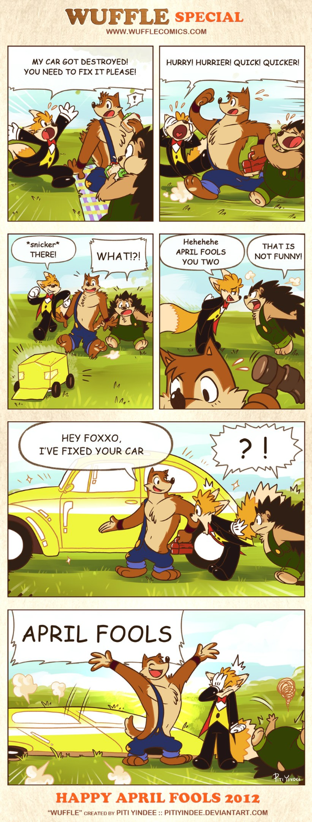 Comic-Streifen-Plakat mit der Überschrift "April Fools", das einen Cartoon-Mann und -Frau in einem Gespräch vor einem hellblauen Himmel mit weißen Wolken zeigt.