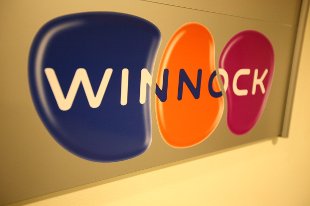Leuchtend buntes "Winnock"-Schild an einer Wand, das einen Aktienmarkt anzeigt.
