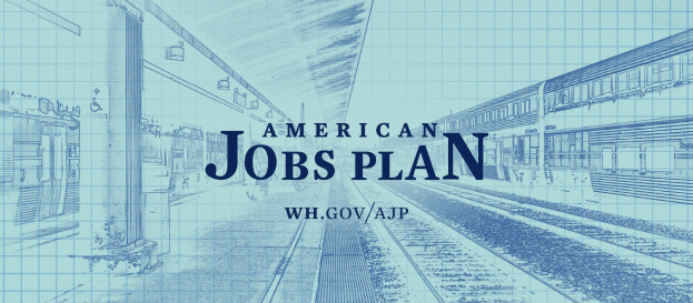 Blueprint eines Bahnhofes mit der Aufschrift "American Jobs Plan" und einem Zug auf der rechten Seite.