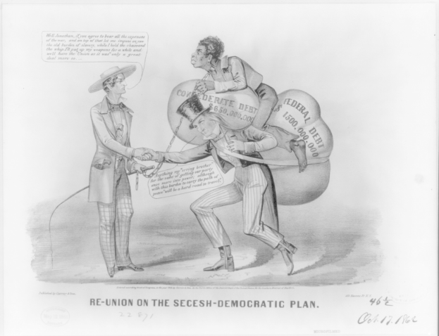 Ein Schwarz-Weiß-Cartoon auf einem Blatt Papier, das zwei Männer beim Händeschütteln zeigt, wobei einer einen Sack trägt, mit der Inschrift "Wiedervereinigung auf dem secesh-demokratischen Plan".
