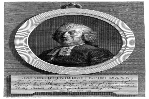 Schwarzes und weißes Porträt von Jacob Reinbold Spielmann, einem deutschen Komponist und Pianisten, der ein weißes Hemd trägt und ernst schaut, mit deutschem Text unten.