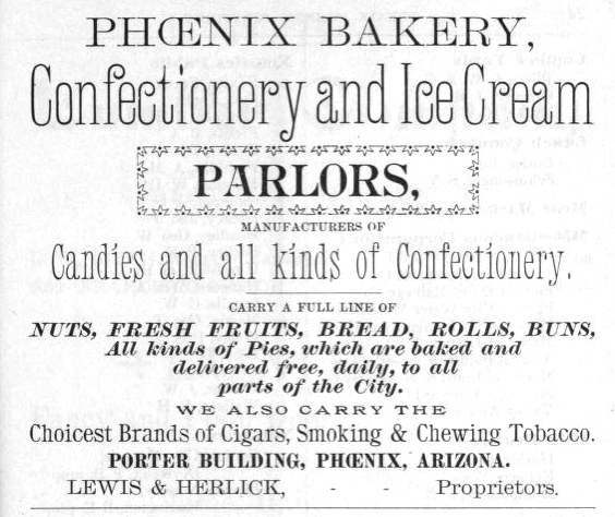 Werbung für Phoenix Bakery, ein Konditorei- und Eisdielenunternehmen, mit Text, der seine Angebote beschreibt.