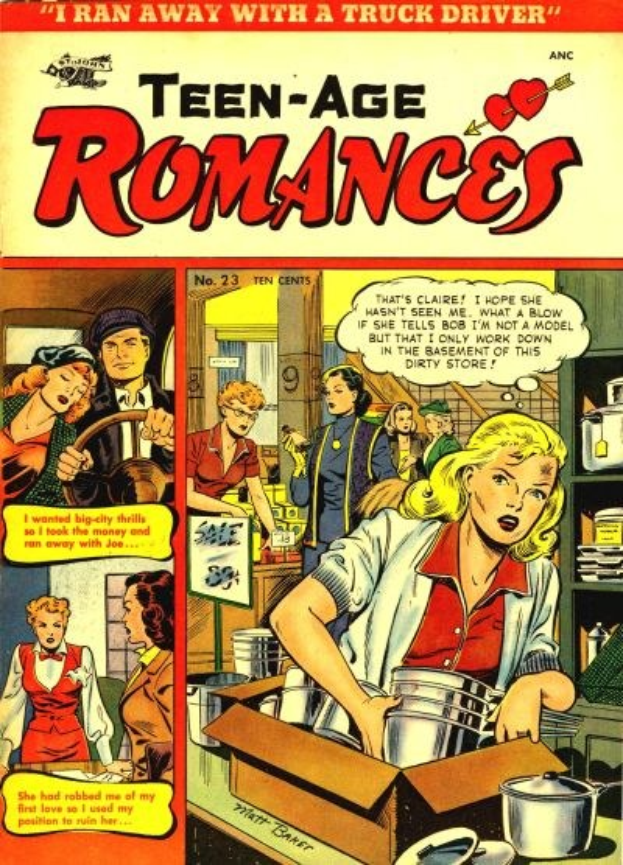Ein farbenfroher DC-Comics-Plakat mit dem Titel "Teen-Age Romances 23-A", das eine Gruppe von Menschen in einer fröhlichen, romantischen Umarmung zeigt.