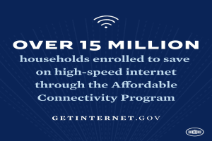 Ein Plakat, das das Affordable Connectivity Program bewirbt, mit dem Text "Über 15 Millionen Haushalte angemeldet, um auf High-Speed-Internet zu sparen" und einem entsprechenden Logo.