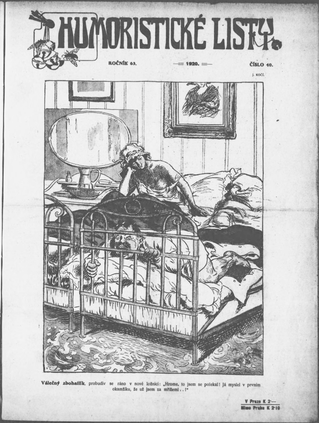 Schwarze und weiße Illustration einer Person, die auf einem Bett liegt, mit einem Spiegel auf einem nahen Tisch und einem gerahmten Bild an der Wand, begleitet von Text, der "humoristische liste - tschechoslowakei - 20. april 1920" oben und unten lautet.