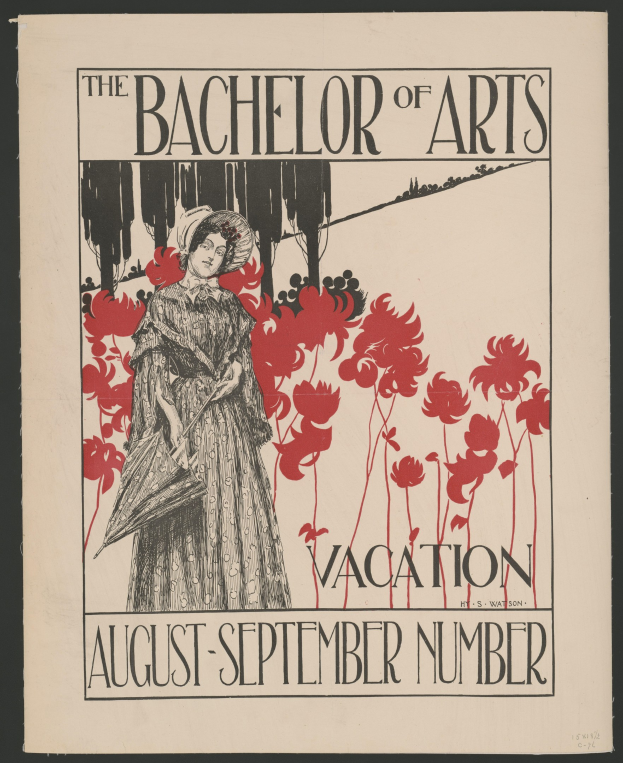Plakat mit schwarzem Hintergrund, das eine Frau in einem weißen Kleid mit blauer Stola und federgeschmücktem Hut zeigt, die in einem Feld gelber Blumen unter einem blauen Himmel steht, Text lautet "The Bachelor of Arts Vacation August-September Number" in weißer fetter Schrift mit goldenem Rahmen.