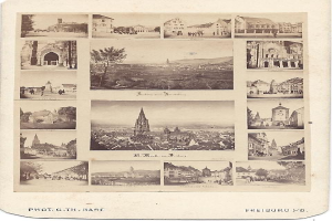 Schwarzes und weißes Foto von Freiburg, Deutschland, mit Gebäuden, Bäumen und Menschen mit dem Text "Freiburg, Deutschland" unten.
