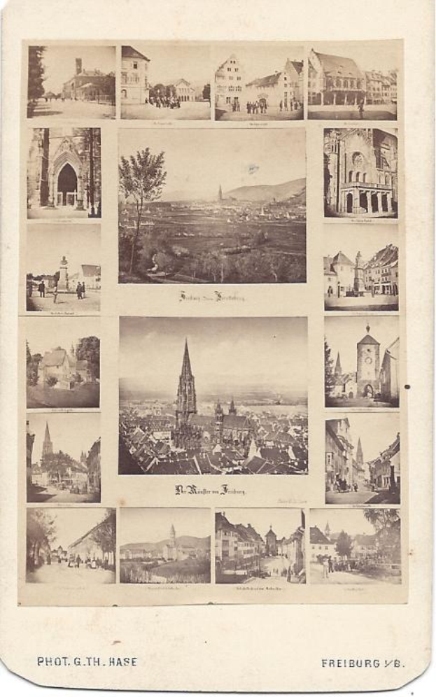 Schwarzes und weißes Foto von Freiburg, Deutschland, mit Gebäuden, Bäumen und Menschen mit dem Text "Freiburg, Deutschland" unten.