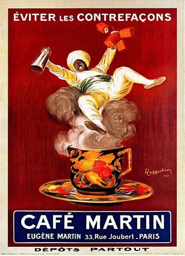 Plakat für Café Martin in Paris, das eine Person mit einem Kaffeebecher zeigt, mit dem Namen des Cafés in fetter Schrift darüber.