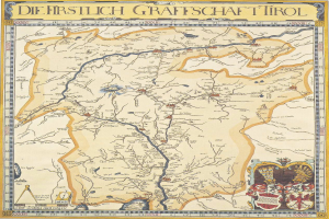 Eine detaillierte Karte der ersten deutschen Grafschaft Tirol, mit geografischen Elementen wie Flüssen, Bergen und Städten, begleitet von informativem Text und Bildern.