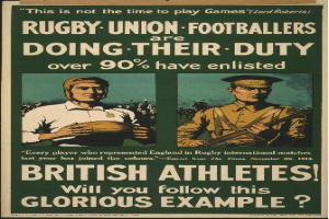 Plakat mit zwei Rugbyspielern in Uniform, Text über britische Athleten, die sich zum Dienst melden.
