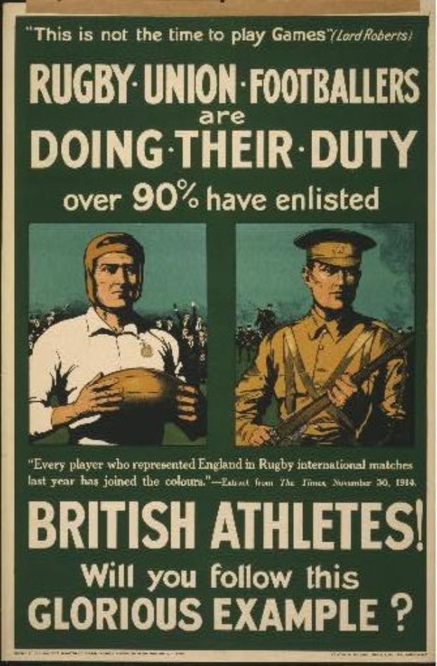 Plakat mit zwei Rugbyspielern in Uniform, Text über britische Athleten, die sich zum Dienst melden.