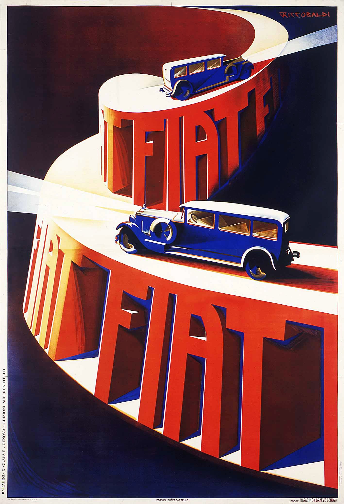 Blaue und rote Fiat-Autos auf einem Werbeplakat mit dem Markennamen "Fiat"