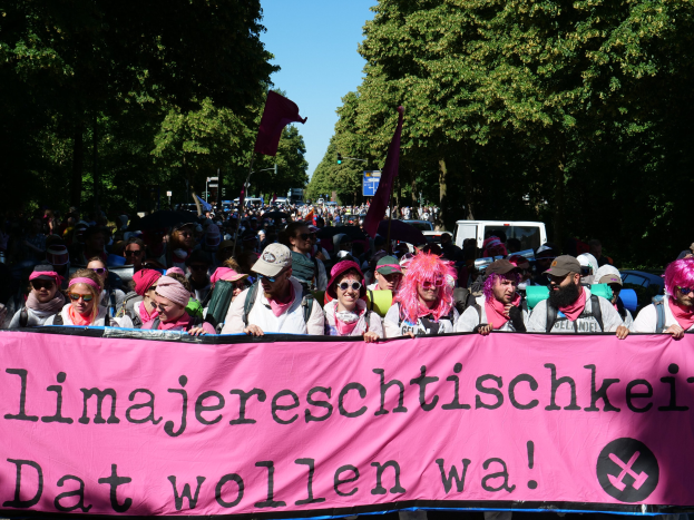 Eine Gruppe von Menschen marschiert die Straße entlang, hält ein pinkes Banner mit der Aufschrift "Women's March in Berlin", einige tragen Mützen und Schutzbrillen, andere halten Fahnen, vor dem Hintergrund von Bäumen, Fahrzeugen und Himmel.