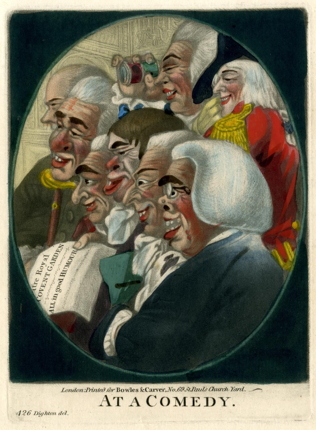 Eine Gruppe von Menschen, die in einem Kreis stehen und lachen, mit einer Person, die ein Blatt Papier hält, und dem Text "Bei einer Komödie" unten.