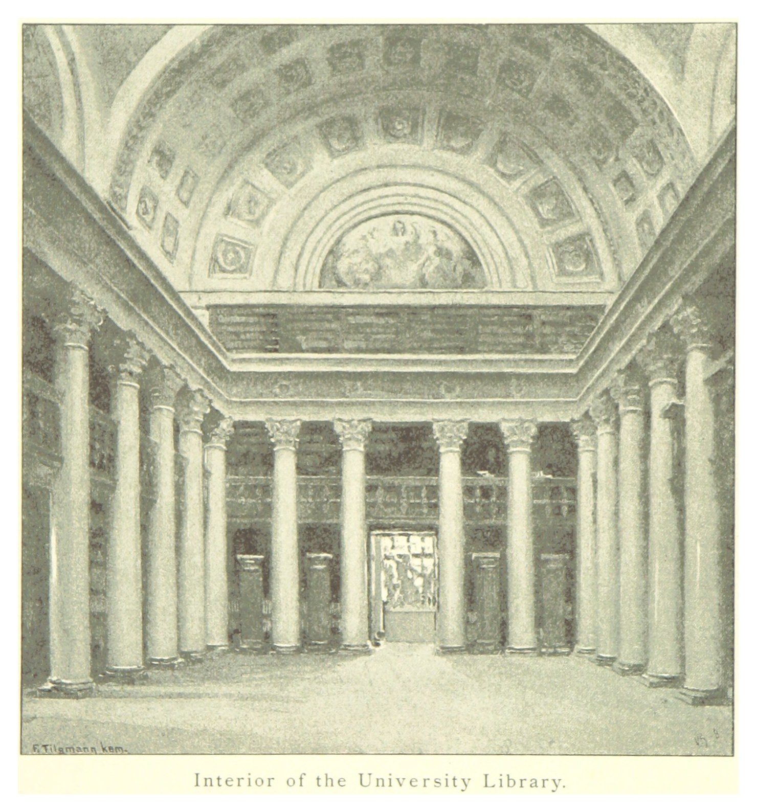 Innenansicht einer prächtigen Universitätsbibliothek mit hohen Säulen und kunstvollen Deckenentwürfen, mit Text am unteren Rand, der das Ästhetische ergänzt.