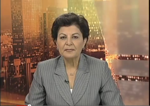 Eine Frau in einem Business-Outfit sitzt vor einem Fernseher, im Hintergrund sind ein paar Gebäude zu sehen, die auf eine Nachrichtensprecherin hinweisen.