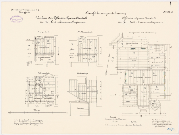 Ein detaillierter Grundrissplan des ehemaligen Büro des deutschen Bundeskanzlers, der architektonische Layouts und Textanmerkungen zeigt.