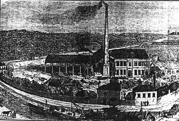 Eine Schwarz-Weiß-Zeichnung einer Fabrik in einem Feld mit Gebäuden, Bäumen und einem Pfahl im Vordergrund und einem Text unten, der "The New York State Penitentiary" lautet.