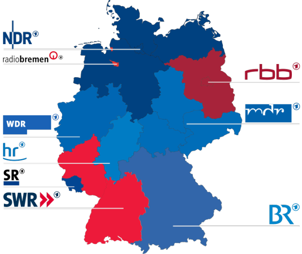 Eine Deutschlandkarte mit roten und blauen Provinzen, die die Ergebnisse der Wahl 2016 zeigen, einschließlich der Namen der Kandidaten und des Wahltermins.