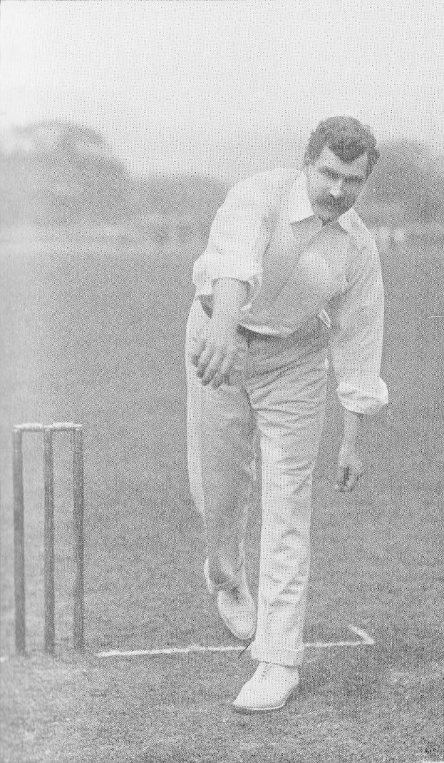 Ein Mann in weißem Hemd und Hose spielt Cricket mit Wickets auf dem Boden, Bäumen und Himmel im Hintergrund, mit "Cricket Player of the Year"-Text unten.