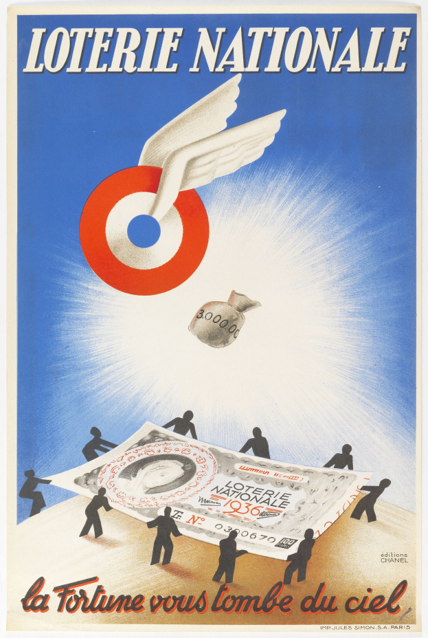 Ein Plakat für eine nationale Lotterie, das einen Vogel zeigt, der über einen Geldhaufen fliegt, mit Werbetext.