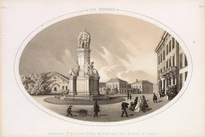 Schwarze und weiße Zeichnung der Statue von St. Majestrat König Maximilian I. von Bayern in einem Stadtplatz, umgeben von Gebäuden, Bäumen und Menschen, mit Text unten und Himmel im Hintergrund.