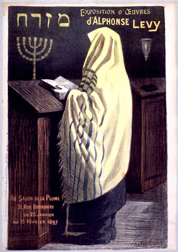 Ein Plakat, das eine Ausstellung jüdischer Schmuckstücke in Paris ankündigt, zeigt eine Person vor einem Tisch mit einem Buch und einer Menora.