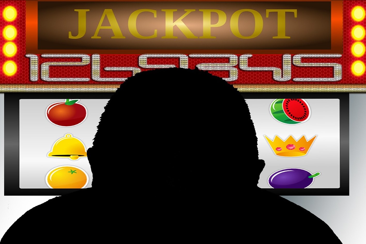 Ein Mann, der an einem Online-Slot-Machine-Spiel mit der Anzeige 'Jackpot' spielt, umgeben von einem Spielbrett mit Text und Fruchtbildern.