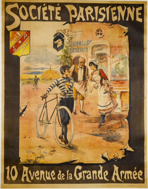 Plakat, das ein Fahrradrennen in Paris, Frankreich, ankündigt, mit einer Gruppe von Menschen, einer Person mit einem Fahrrad, und einem Gebäude im Hintergrund.
