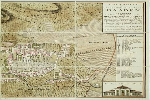 Ein detailliertes altes Stadtplan von Baden-Württemberg, Deutschland, das Straßen, Gebäude und Sehenswürdigkeiten zeigt, mit einem hervorgehobenen Gebäude in der rechten unteren Ecke und Text, der die Stadtinformationen bereitstellt.