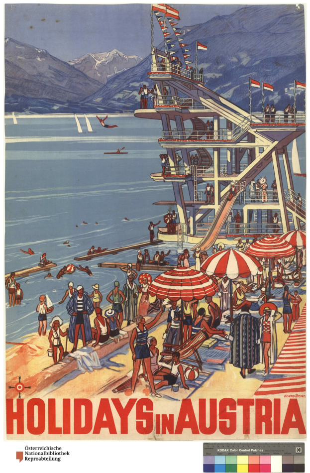 Plakat, das Urlaube in Österreich bewirbt, mit Menschen am Strand mit Schirmen, einem Schiff im Hintergrund, winkenden Fahnen, entfernten Bergen und Text.
